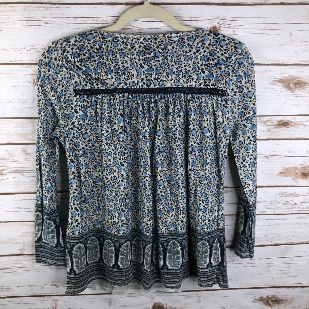 Lucky Brand floral 3/4 sleeve tassels vneck top - Picture 6 of 8